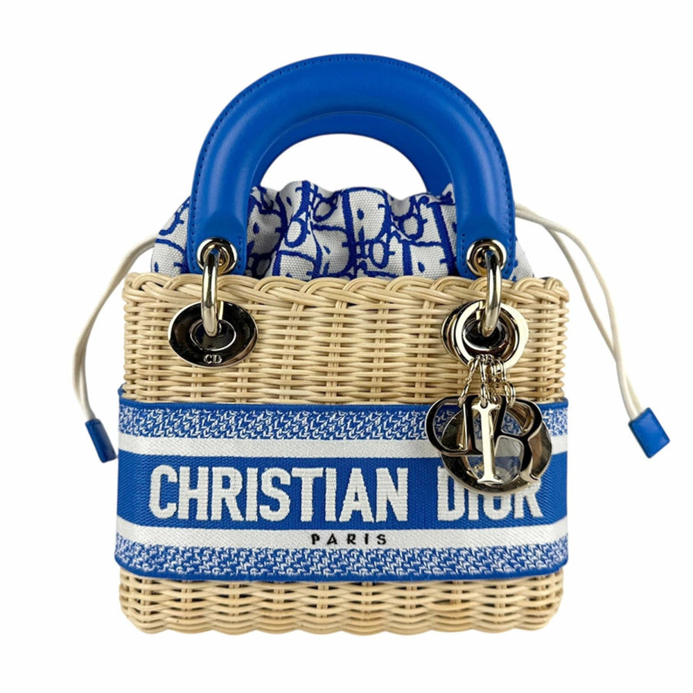Christian Dior Lady Wicker 2way Shoulder Bag Canvas Leather Blue x - Picture 1 of 5
